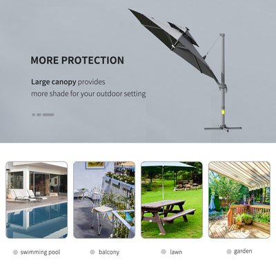 3m Cantilever Parasol W/ Solar Lights Power Bank Base 360° Spin Dark Grey