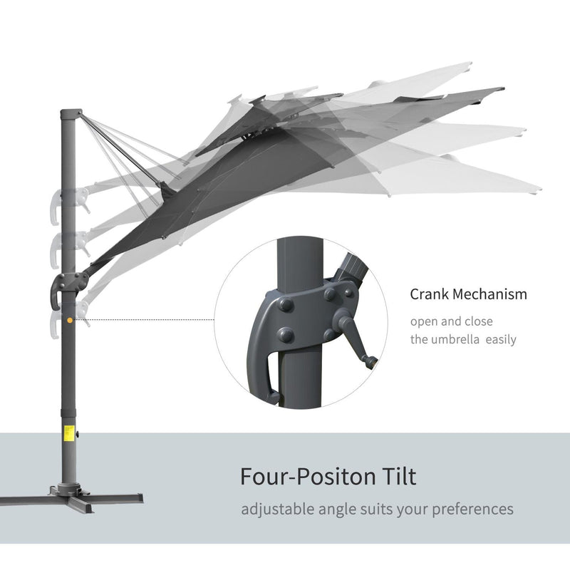 3m Cantilever Parasol W/ Solar Lights Power Bank Base 360° Spin Dark Grey