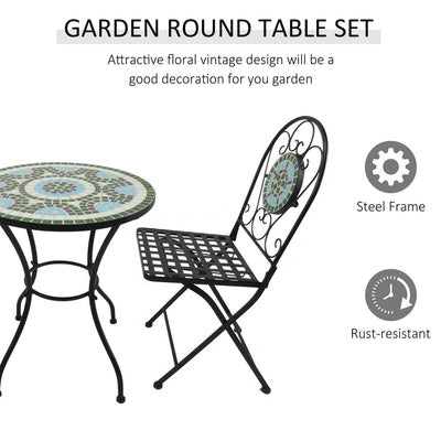 3PCs Bistro Set Metal Dining Mosaic Garden Table