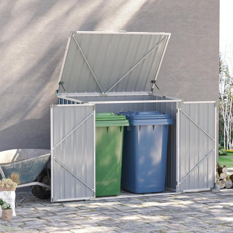 Garden 2-Bin Steel Storage Shed W/ Double Locking Doors, Openable Lid 5ftx3ft