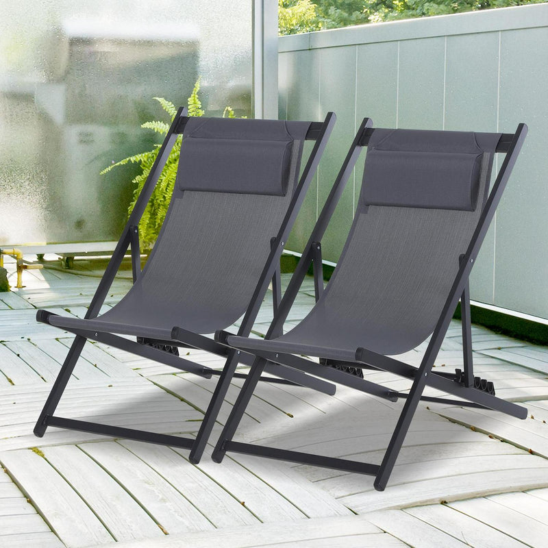 Aluminium Frame Set Of 2 Folding Deck Chairs Deep Grey