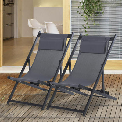 Aluminium Frame Set Of 2 Folding Deck Chairs Deep Grey