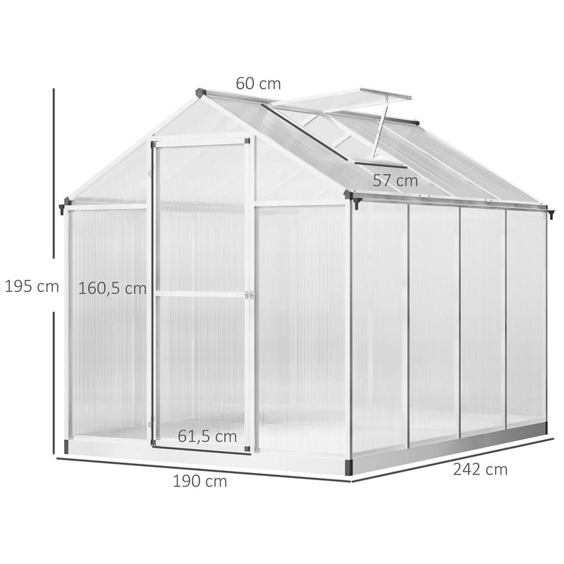 Aluminium Greenhouse W/ Door Window Glavanized Base PC Panels Grow Shed