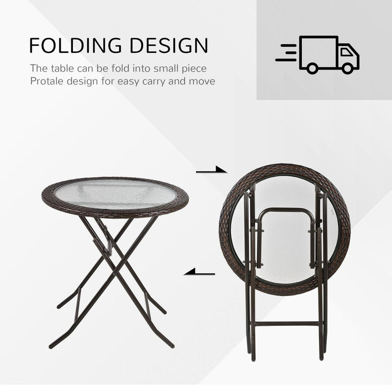 Folding Round Tempered Glass Metal Table With Brown Rattan Edging