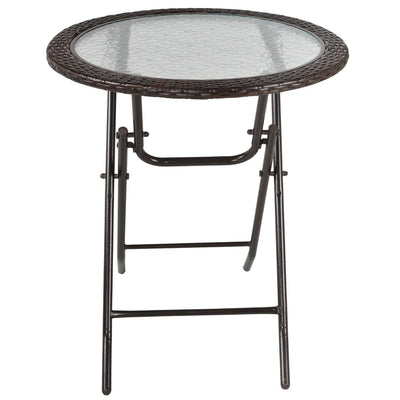 Folding Round Tempered Glass Metal Table With Brown Rattan Edging