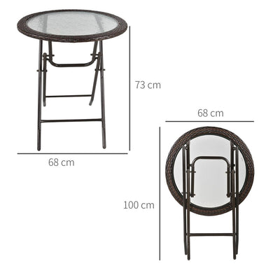 Folding Round Tempered Glass Metal Table With Brown Rattan Edging