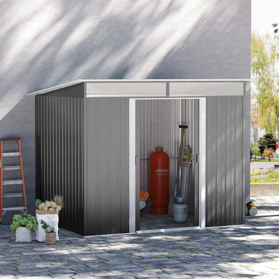 Garden Metal Storage Shed House Hut Gardening Tool W/ Tilted Roof And Ventilation 9 X 6ft, Grey