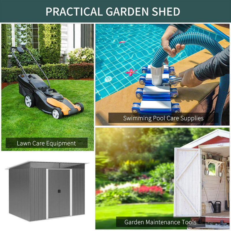 Garden Metal Storage Shed House Hut Gardening Tool W/ Tilted Roof And Ventilation 9 X 6ft, Grey