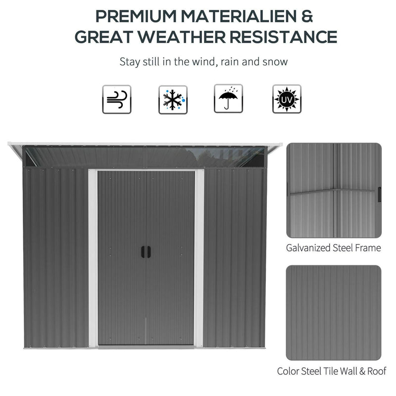 Garden Metal Storage Shed House Hut Gardening Tool W/ Tilted Roof And Ventilation 9 X 6ft, Grey