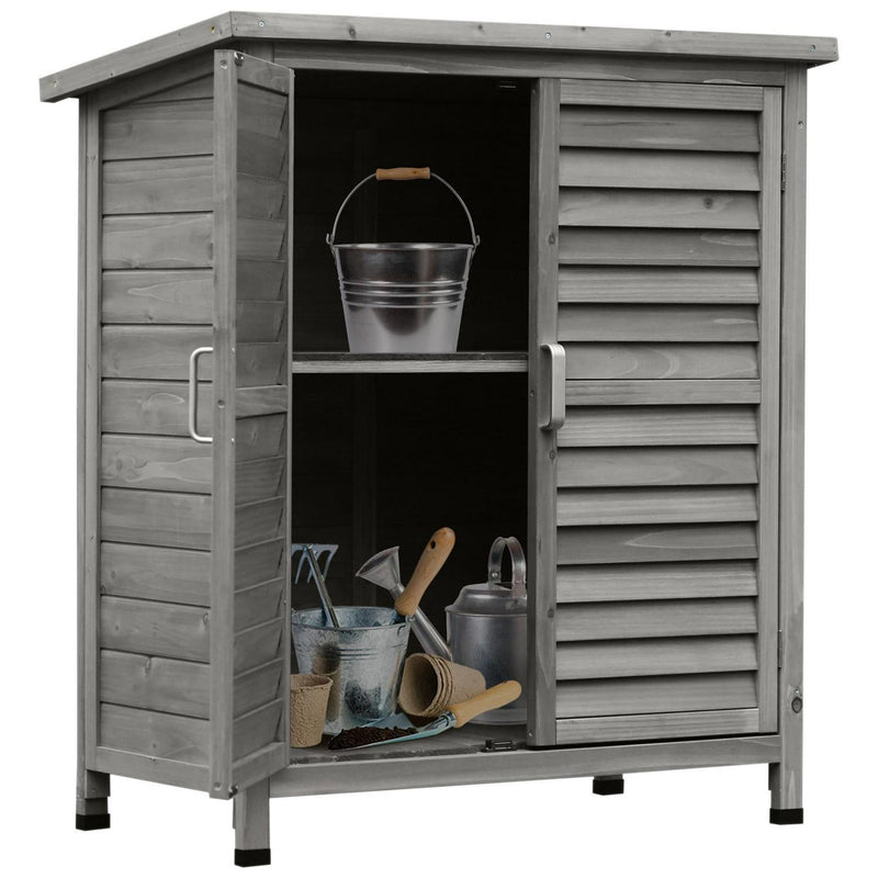 Garden Shed Wooden Storage 2 Door Unit Solid Fir Garage Tool Organisation Cabinet, 87L X 46.5W 96.5Hcm, Grey