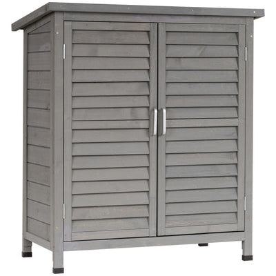 Garden Shed Wooden Storage 2 Door Unit Solid Fir Garage Tool Organisation Cabinet, 87L X 46.5W 96.5Hcm, Grey