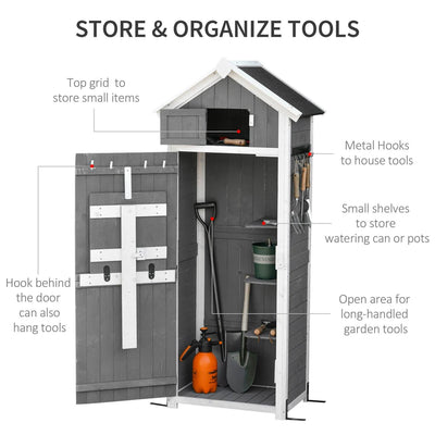 Garden Wood Storage Shed With Workstation, Hooks, Asphalt Roof And Ground Nails