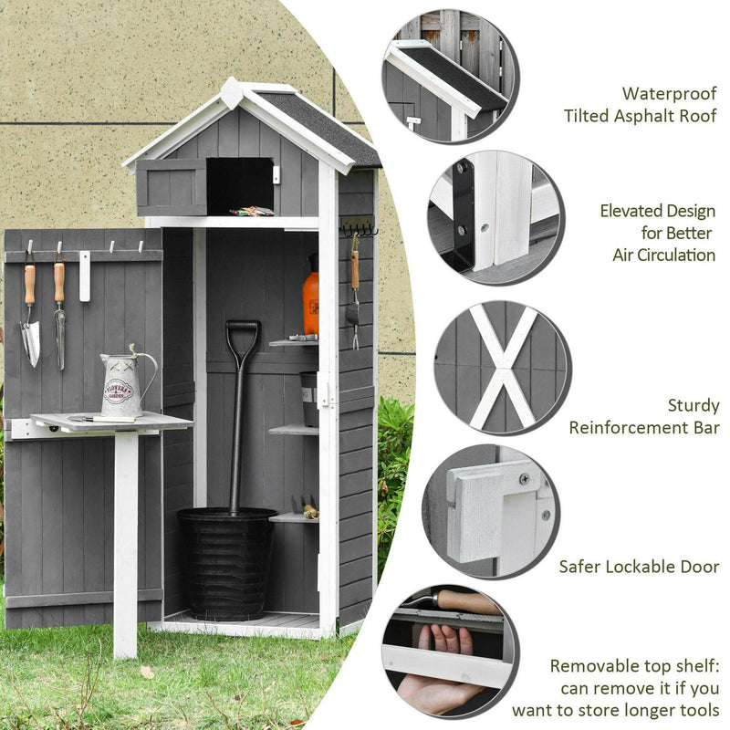 Garden Wood Storage Shed With Workstation, Hooks, Asphalt Roof And Ground Nails