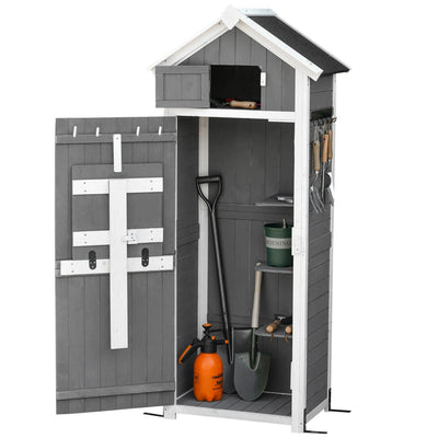 Garden Wood Storage Shed With Workstation, Hooks, Asphalt Roof And Ground Nails