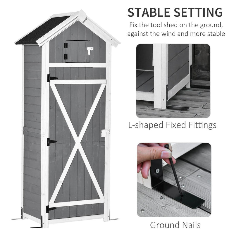 Garden Wood Storage Shed With Workstation, Hooks, Asphalt Roof And Ground Nails