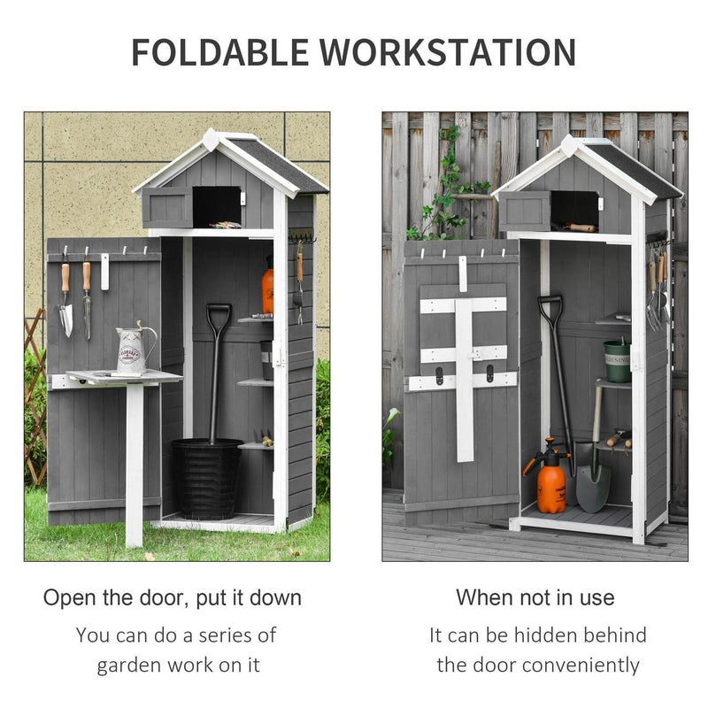 Garden Wood Storage Shed With Workstation, Hooks, Asphalt Roof And Ground Nails