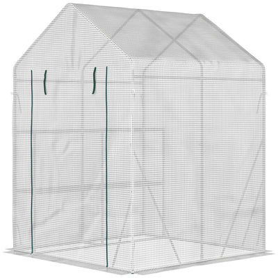 Greenhouse For Outdoor W/ 2 Tier Shelf Roll-Up Zippered Cover, UV-resistant PE plastic cover Green