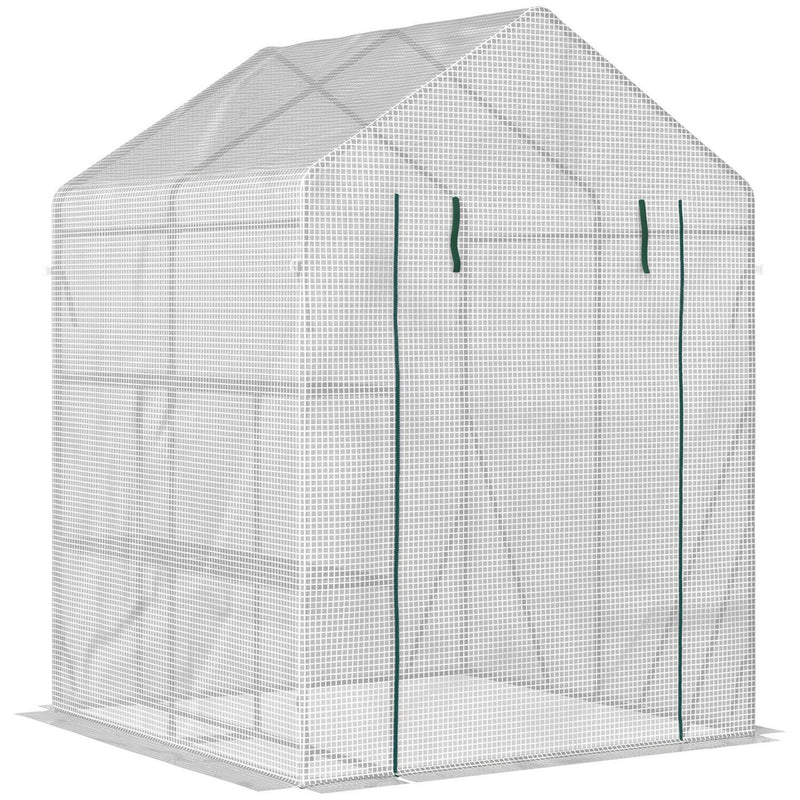 Greenhouse For Outdoor W/ 2 Tier Shelf Roll-Up Zippered Cover, UV-resistant PE plastic cover Green