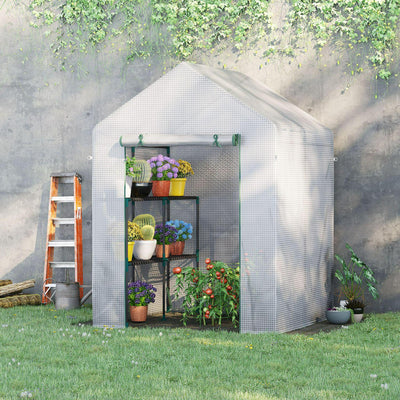 Greenhouse For Outdoor W/ 2 Tier Shelf Roll-Up Zippered Cover, UV-resistant PE plastic cover Green