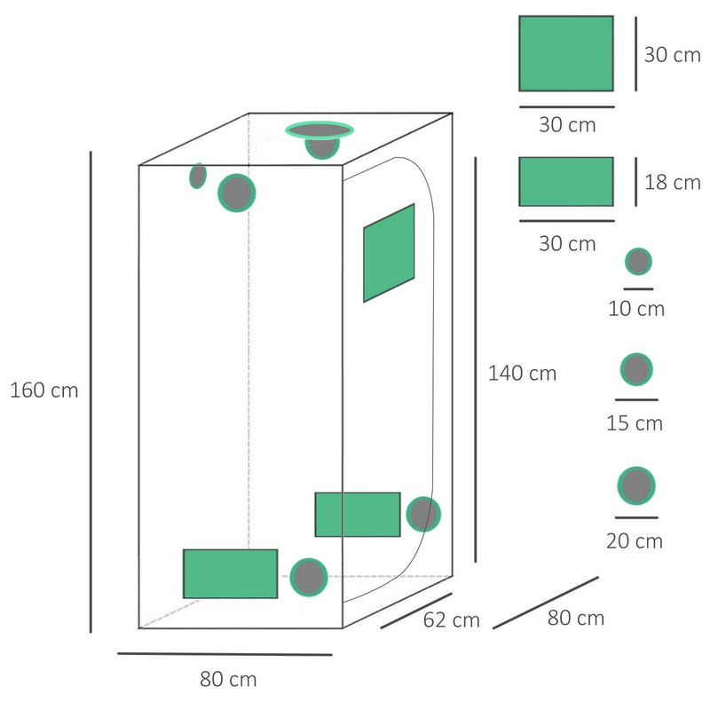 Hydroponic Plant Grow Tent, 80L X 80W 160Hcm-Black/Green