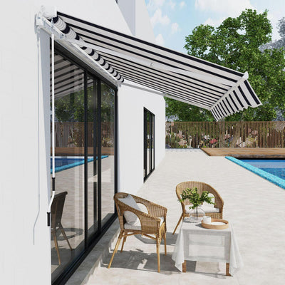 Manual Retractable Awning, 2.5x2 M-Dark Blue/White Stripes