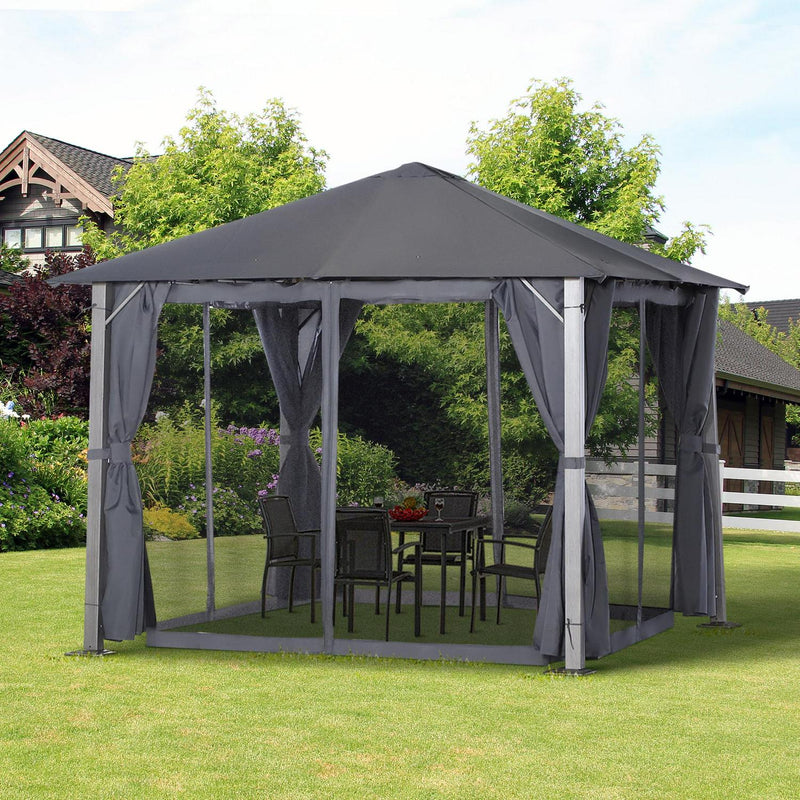 Metal Frame Curtain Draped Outdoor Garden Gazebo Grey