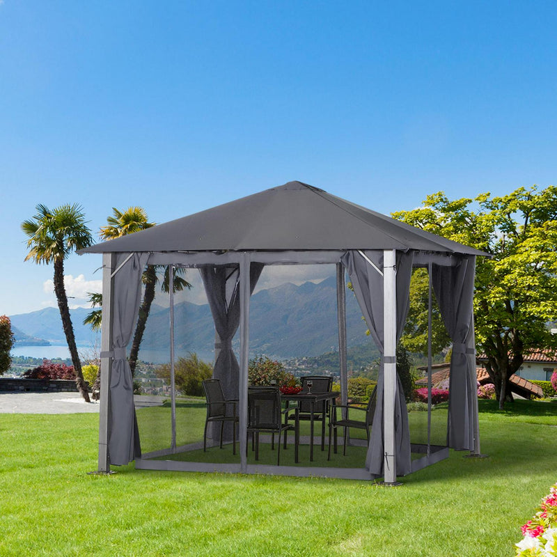 Metal Frame Curtain Draped Outdoor Garden Gazebo Grey