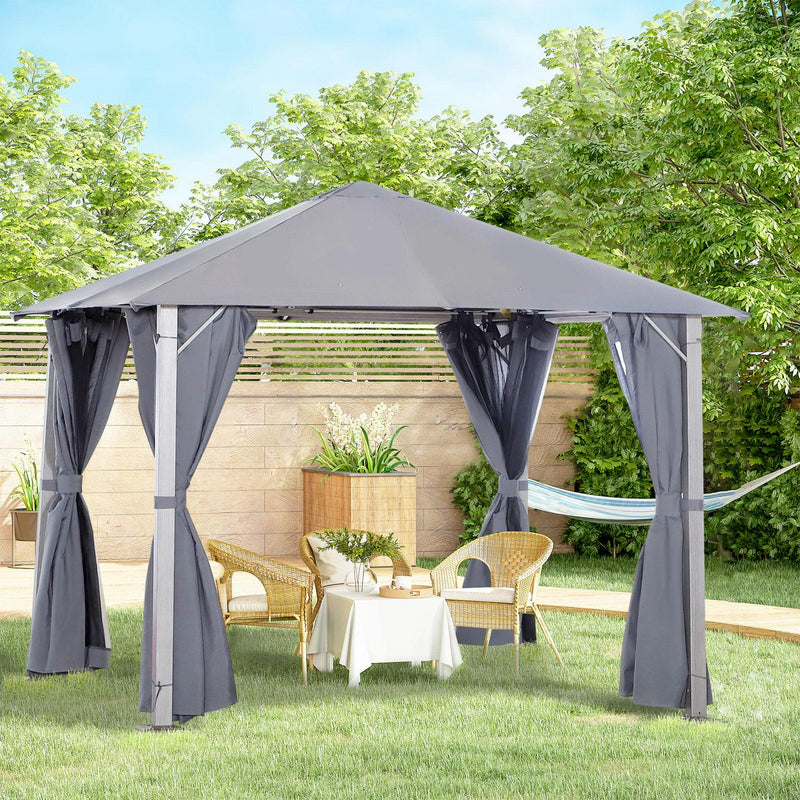 Metal Frame Curtain Draped Outdoor Garden Gazebo Grey