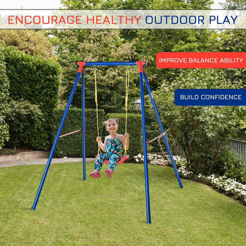 Metal Swing Set W/ Adjustable Rope Heavy Duty A-Frame Stand Outdoor Playset