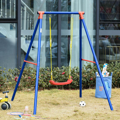 Metal Swing Set W/ Adjustable Rope Heavy Duty A-Frame Stand Outdoor Playset