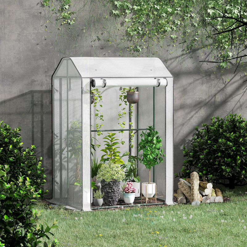 Mini Greenhouse With Shelves Portable Garden Grow For Plants Roll Up Door And Vents, 100 X 80 X 150cm, White