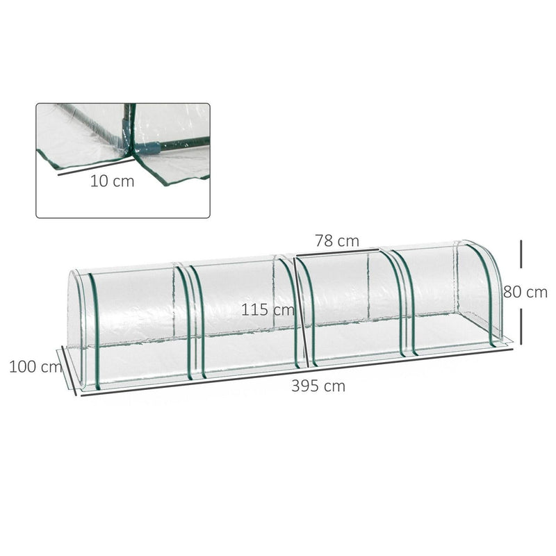 Invernadero de túnel de PVC con estructura de acero para jardín y patio trasero con puertas con cremallera (395 x 100 x 80) cm transparente 