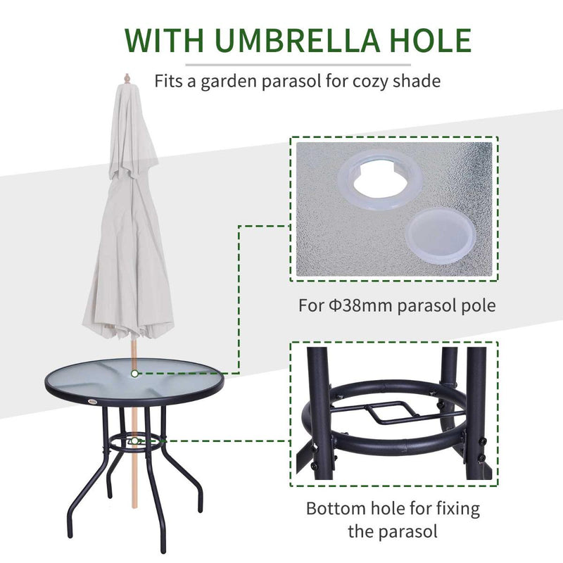 Round Outdoor Dining Table, Tempered Glass Top Steel W/Parasol Hole, 80x72Hcm-Black