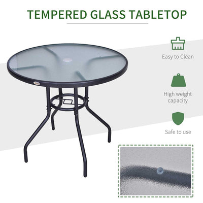 Round Outdoor Dining Table, Tempered Glass Top Steel W/Parasol Hole, 80x72Hcm-Black