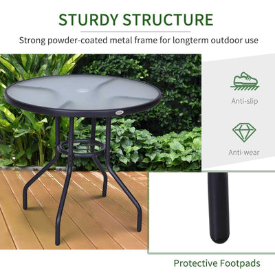 Round Outdoor Dining Table, Tempered Glass Top Steel W/Parasol Hole, 80x72Hcm-Black