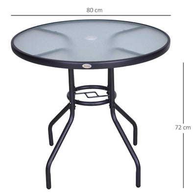 Round Outdoor Dining Table, Tempered Glass Top Steel W/Parasol Hole, 80x72Hcm-Black