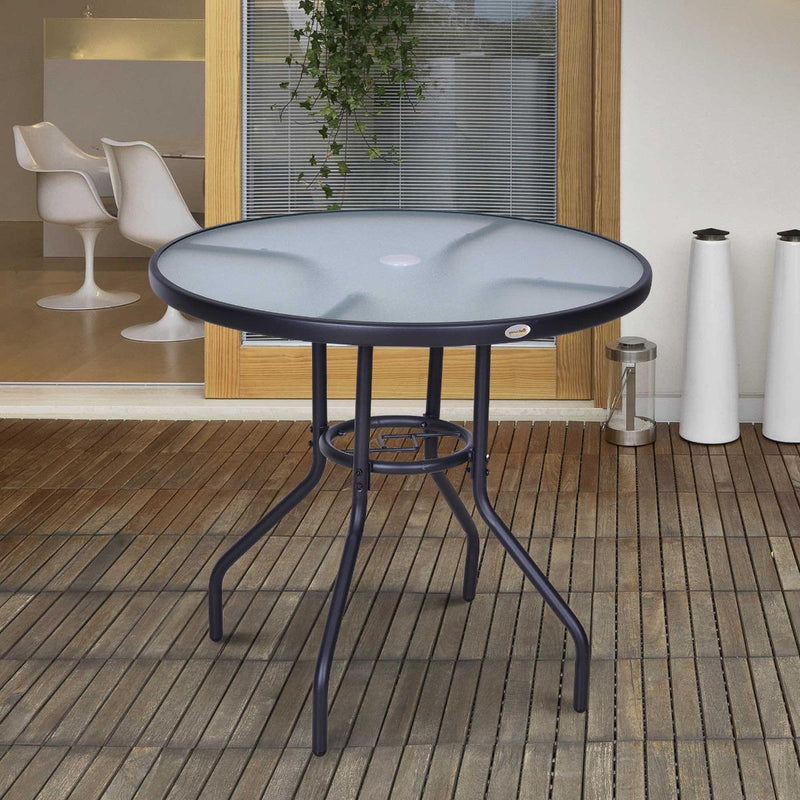 Round Outdoor Dining Table, Tempered Glass Top Steel W/Parasol Hole, 80x72Hcm-Black