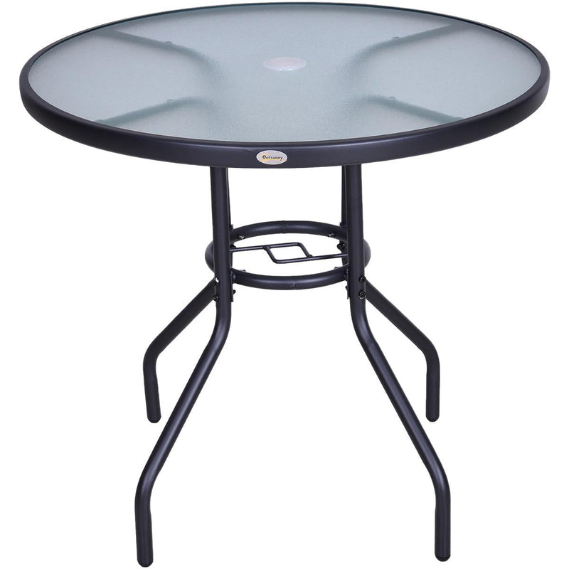 Round Outdoor Dining Table, Tempered Glass Top Steel W/Parasol Hole, 80x72Hcm-Black