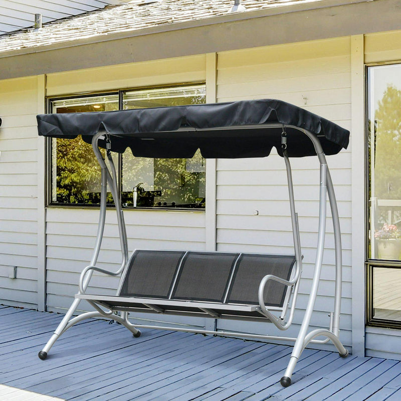 3 Person Steel Outdoor Porch Swing Chair Bench With Canopy Cover - Black