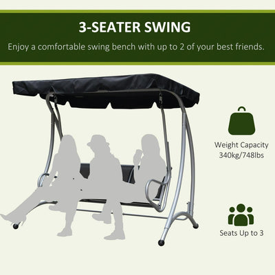 3 Person Steel Outdoor Porch Swing Chair Bench With Canopy Cover - Black