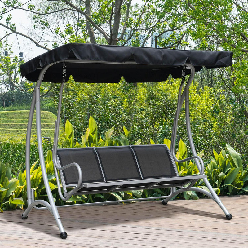 3 Person Steel Outdoor Porch Swing Chair Bench With Canopy Cover - Black