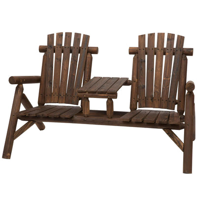 Wood Patio Chair Bench 2 Seats W/ Center Coffee Table, Garden Carbonized