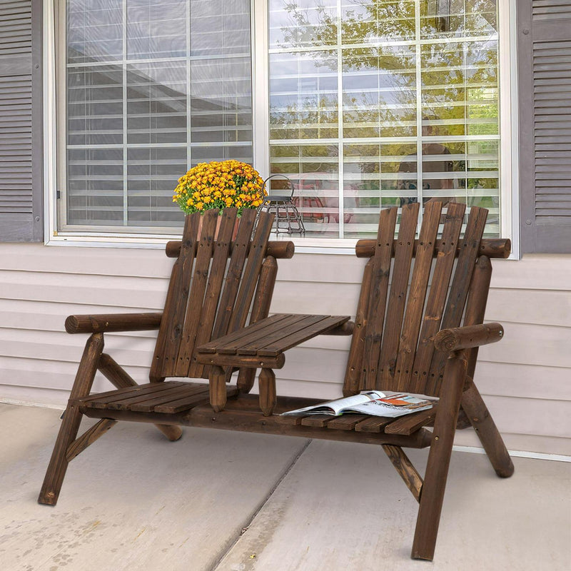 Wood Patio Chair Bench 2 Seats W/ Center Coffee Table, Garden Carbonized