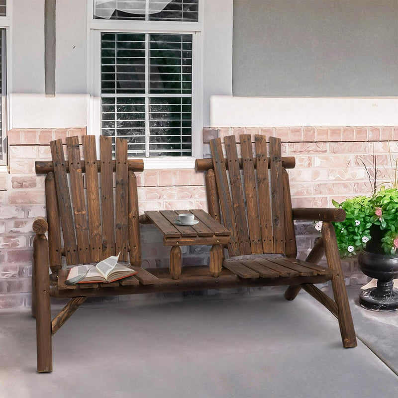 Wood Patio Chair Bench 2 Seats W/ Center Coffee Table, Garden Carbonized