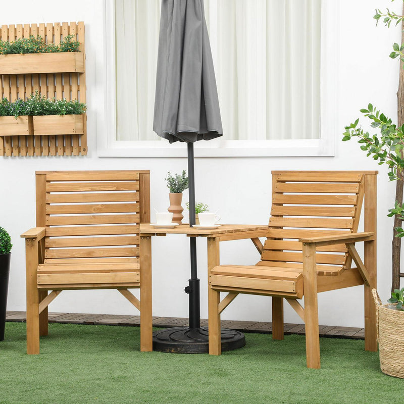 2 Seater Wooden Garden Love Seat w/ Coffee Table & Parasol Hole - Brown