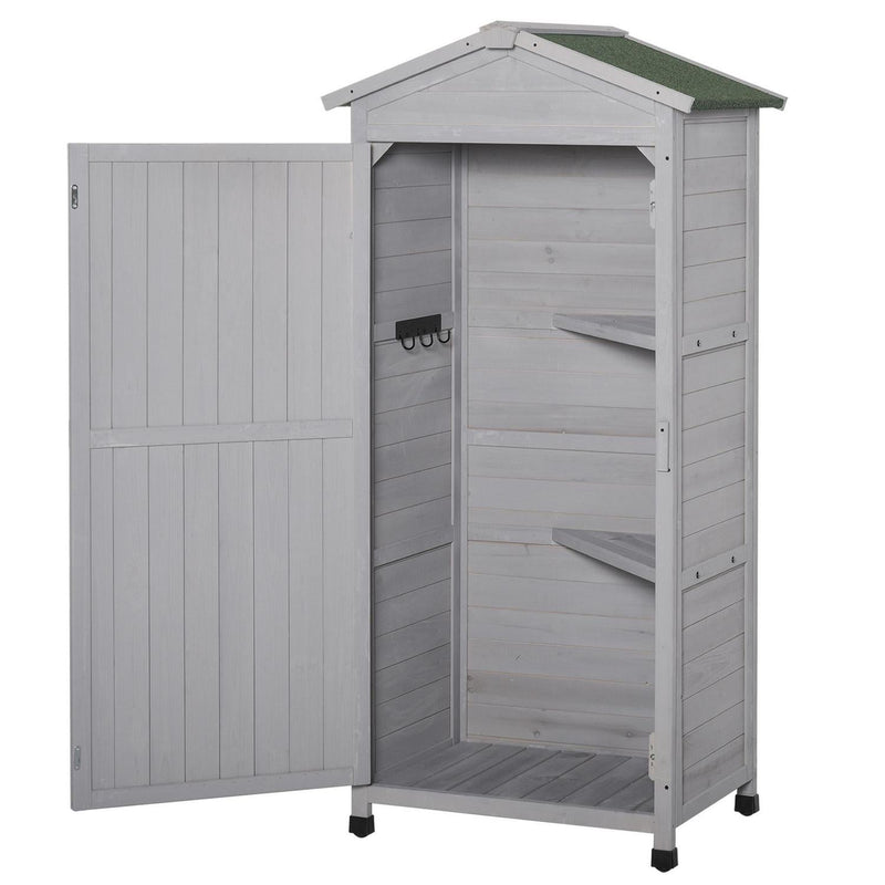 Wooden Garden Cabinet 3-Tier Storage Shed Lockable Organizer W/ Hooks Foot Pad