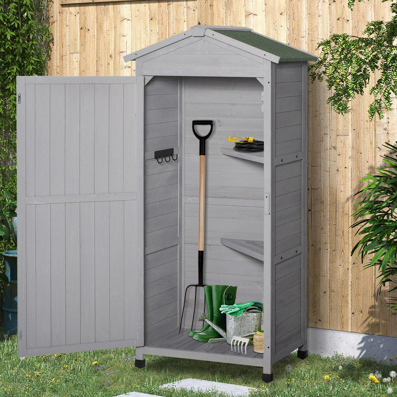 Wooden Garden Cabinet 3-Tier Storage Shed Lockable Organizer W/ Hooks Foot Pad