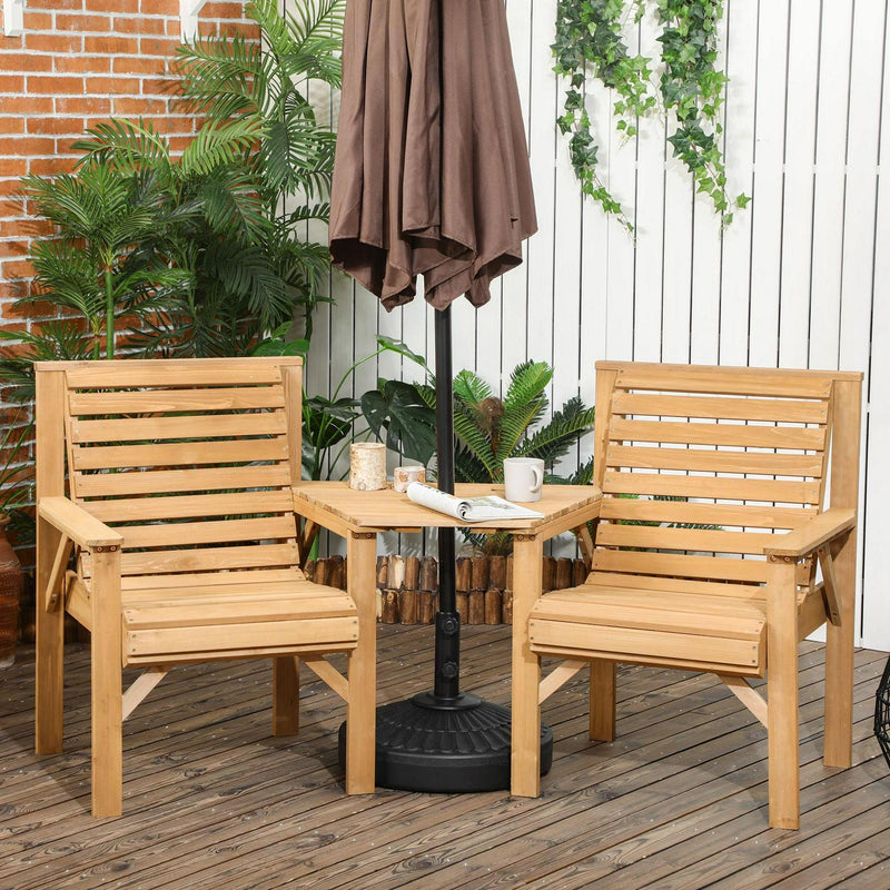 2 Seater Wooden Garden Love Seat w/ Coffee Table & Parasol Hole - Brown