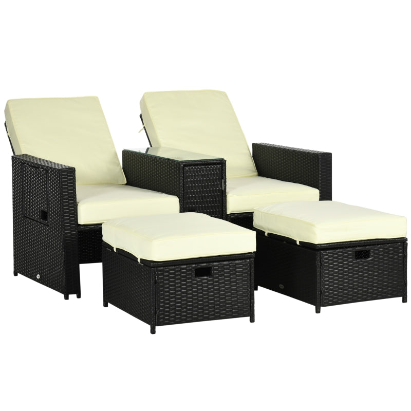 Outdoor Wicker 5-level Adjustable Recliner Sofa Bed With Storage Side And Footstools- Black