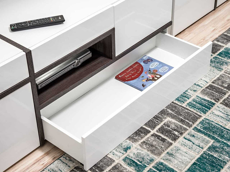 Cross TV Cabinet in White Gloss and Elm